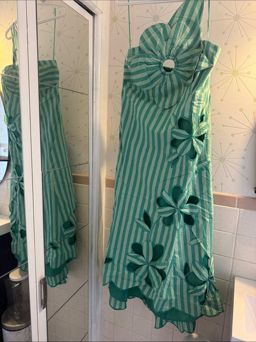 Anthropologie Green Stripe Floral Applique Dress